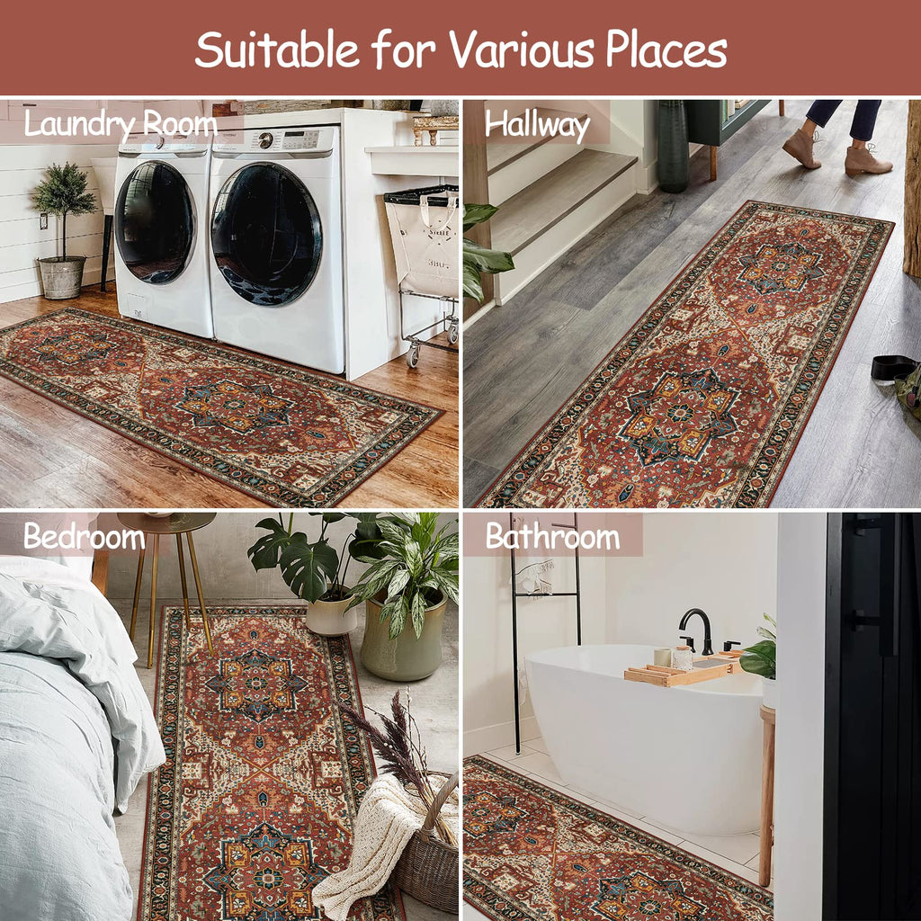 Ultra-Thin Washable Runner Rug - Non-Slip Hallway Runner Rug Laundry Room Mat, Vintage Stain Resistance Low Pile