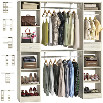 58" W - 90" W Closet System, Large Walk in Closet Organizer with 3 Hanging Rods and Shelves, Heavy Duty Wood Closet