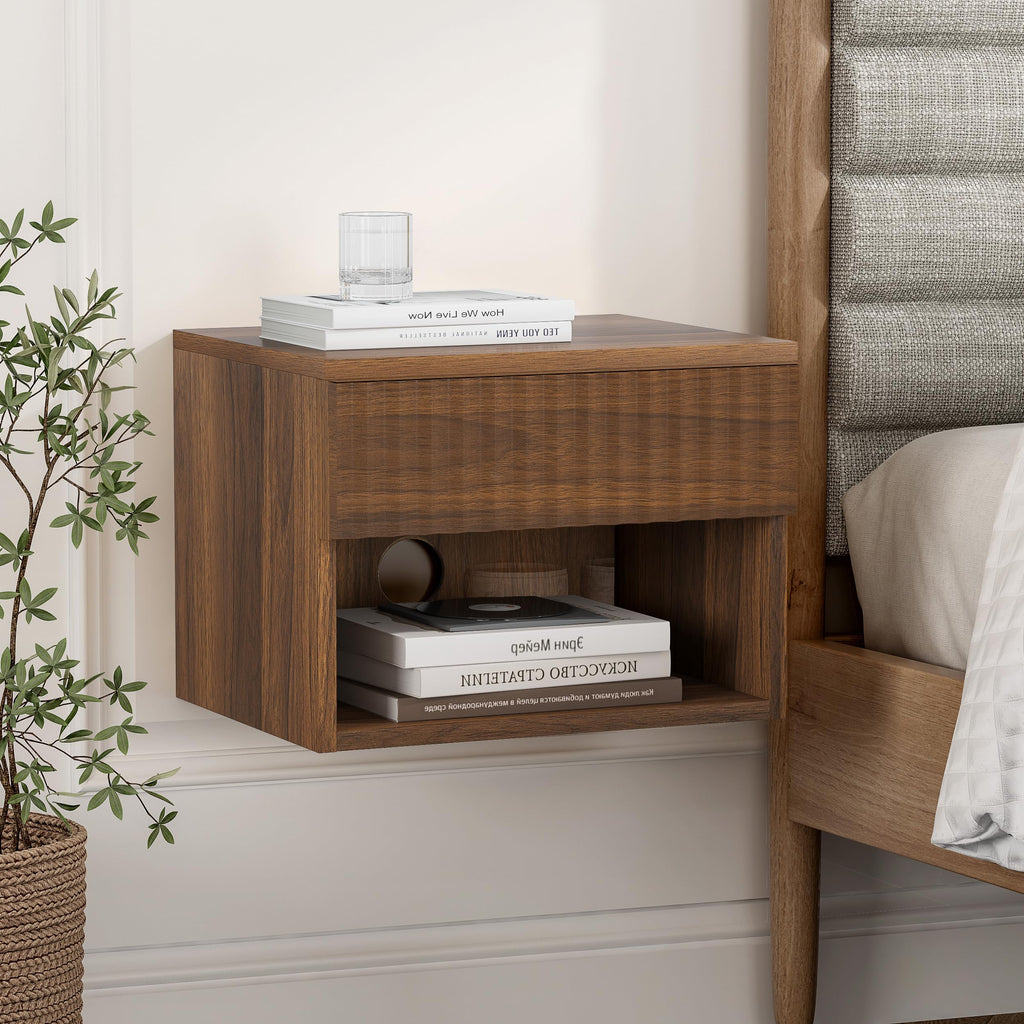 Floating nightstand Set of 2, Modern Fluted Bedside Tables with Drawer & Open Shelf Brown