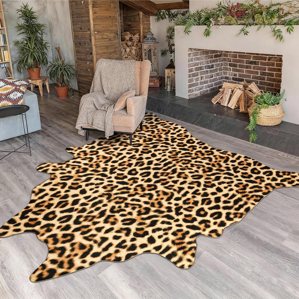 Luxury Faux Leopard Print Rug 5. .2 Ft - Western Cheetah Area Rugs, Farmhouse - Premium Western Faux Fur Carpet