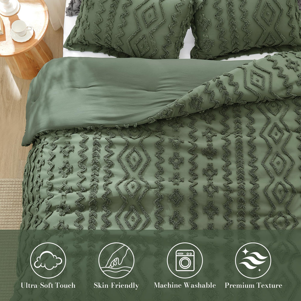 Tufted Boho Comforter Set Queen Size, 3 Pieces Soft Textured Bed Set, Lightweight Breathable Comforter for All