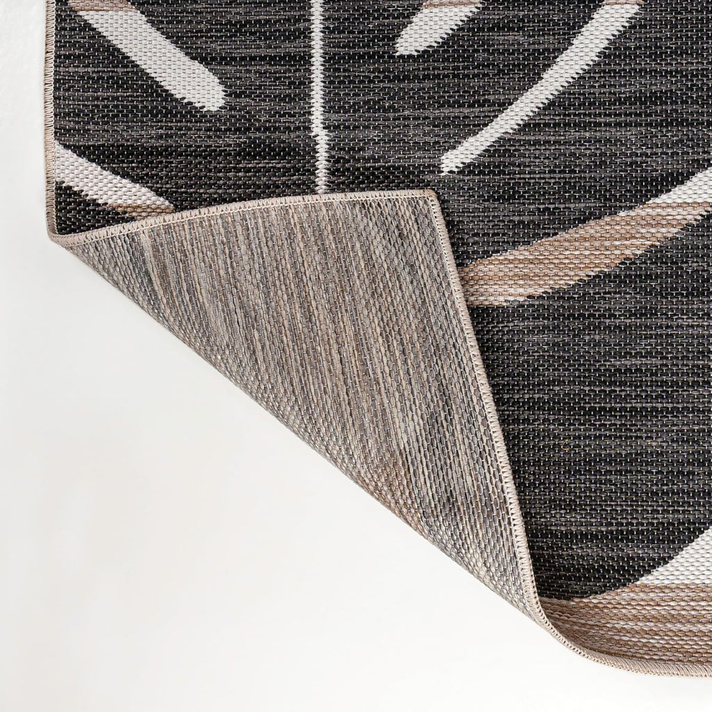 Beach Stripe and Monstera Leaf Indoor Outdoor Area Rug Black/Beige, Allison Classic for Backyard, Patio, Porch