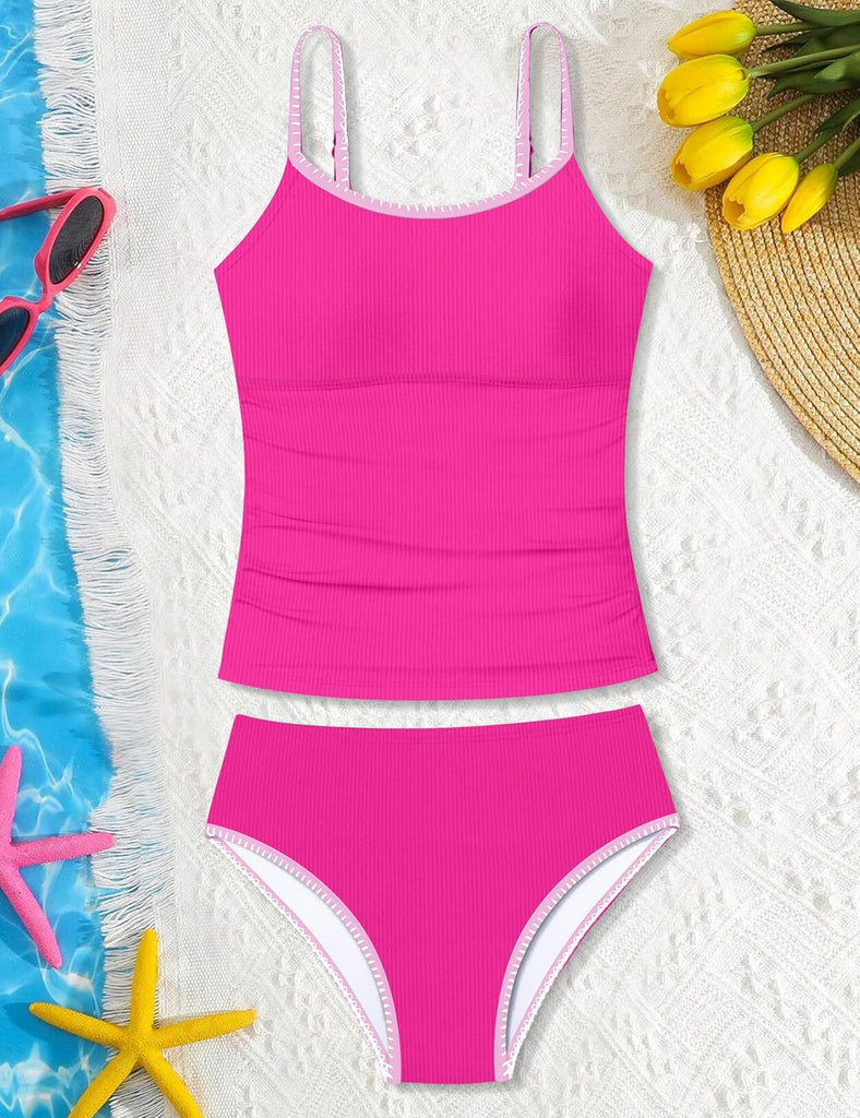 Girls Swimsuit Printed Tankini Contrast Trim 2 Piece Bathing Suit Ruched Girls' Swimwear