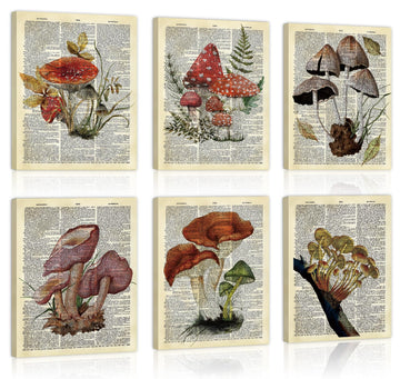 Vintage Mushroom Canvas Wall Art, Antique Dictionary Page Fungi Print, Botanical Mushroom Wall Decor, Retro Mycology
