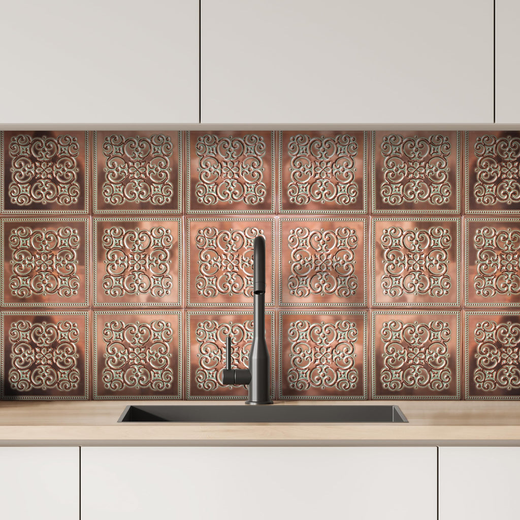 Peel and Stick Metal Backsplash Tiles, Patina Copper, 10-Pack