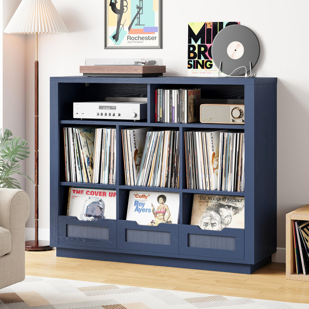3-Tier Record Player Stand with Charging Station, Vinyl Storage
