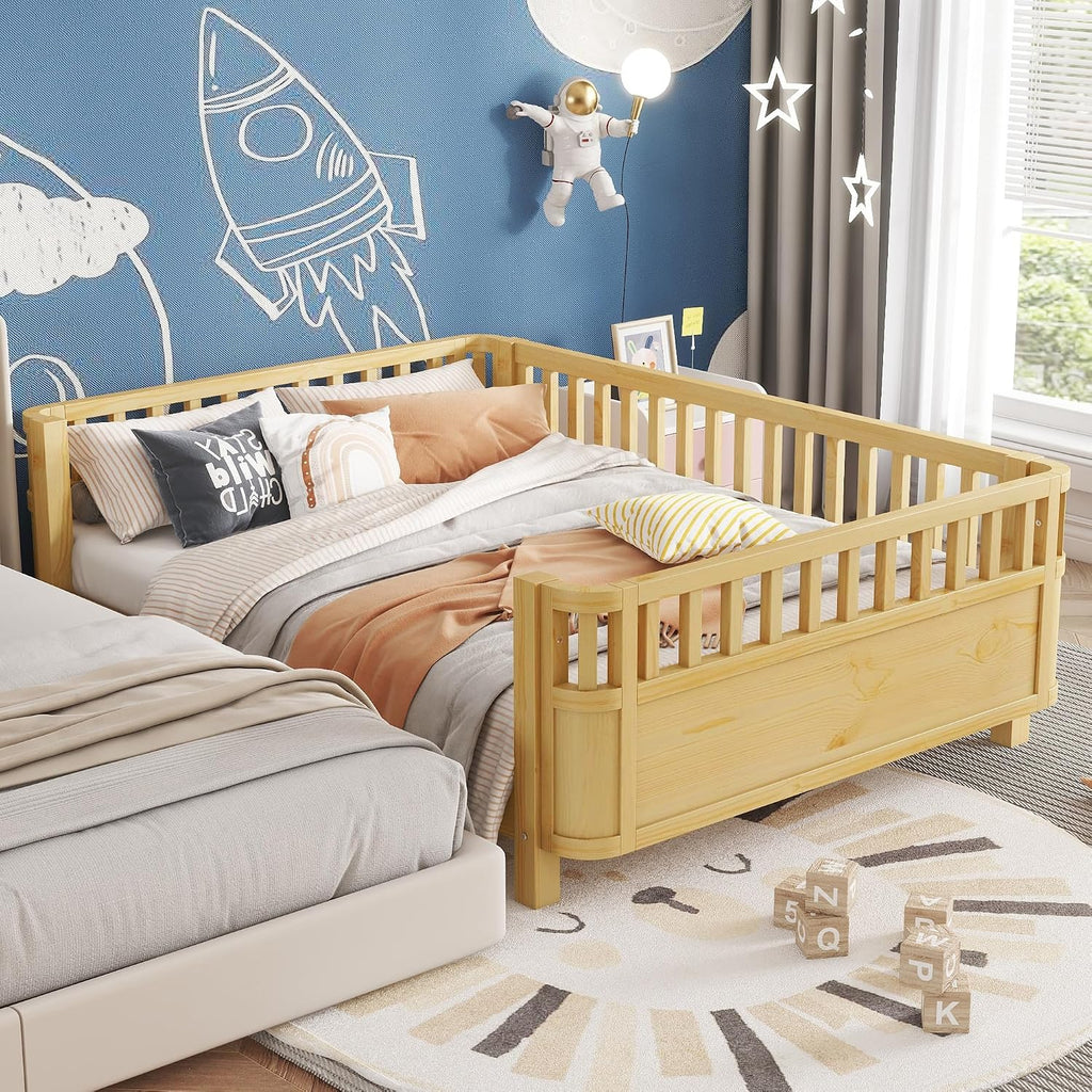 Platform Bed with Fence, Low Bed Frame with Detachable Side Bed Rails, Wooden Montessori Beds for