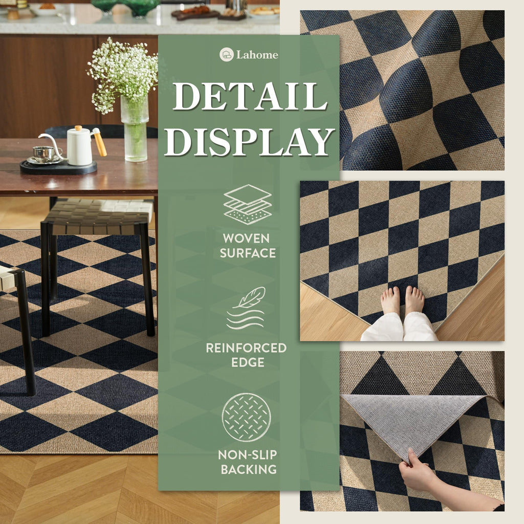 Checkered Easy Jute 3x5 Entryway Front Porch Rug, Black Diamond Indoor Outdoor Patio Layering Rug, Washable Farmhouse