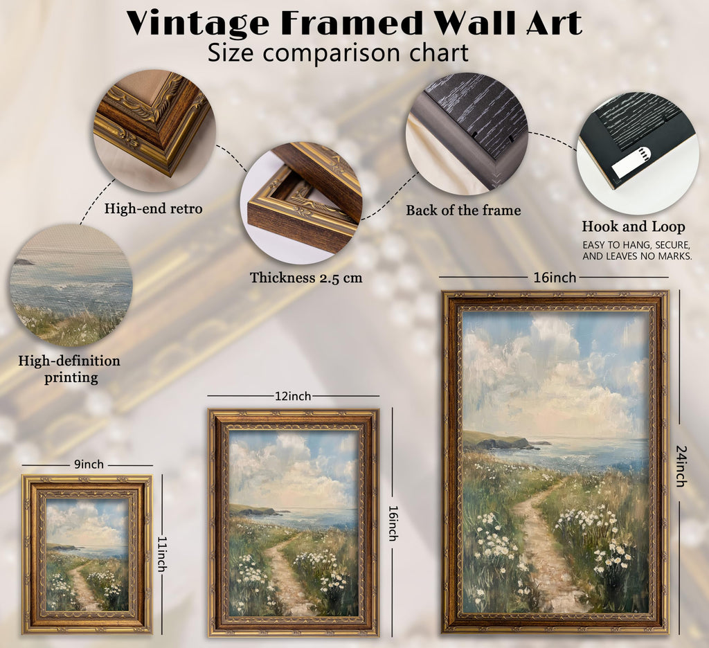 Vintage Gold Framed Coastal Wildflower Path Canvas Wall Art, 12x16 Inch