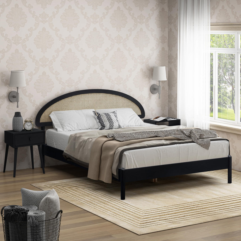 Gem Wooden Bed Frame with Headboard and Natural Rattan, Solid Oak Foundation with Silent Slats, 1000 Lb Capacity