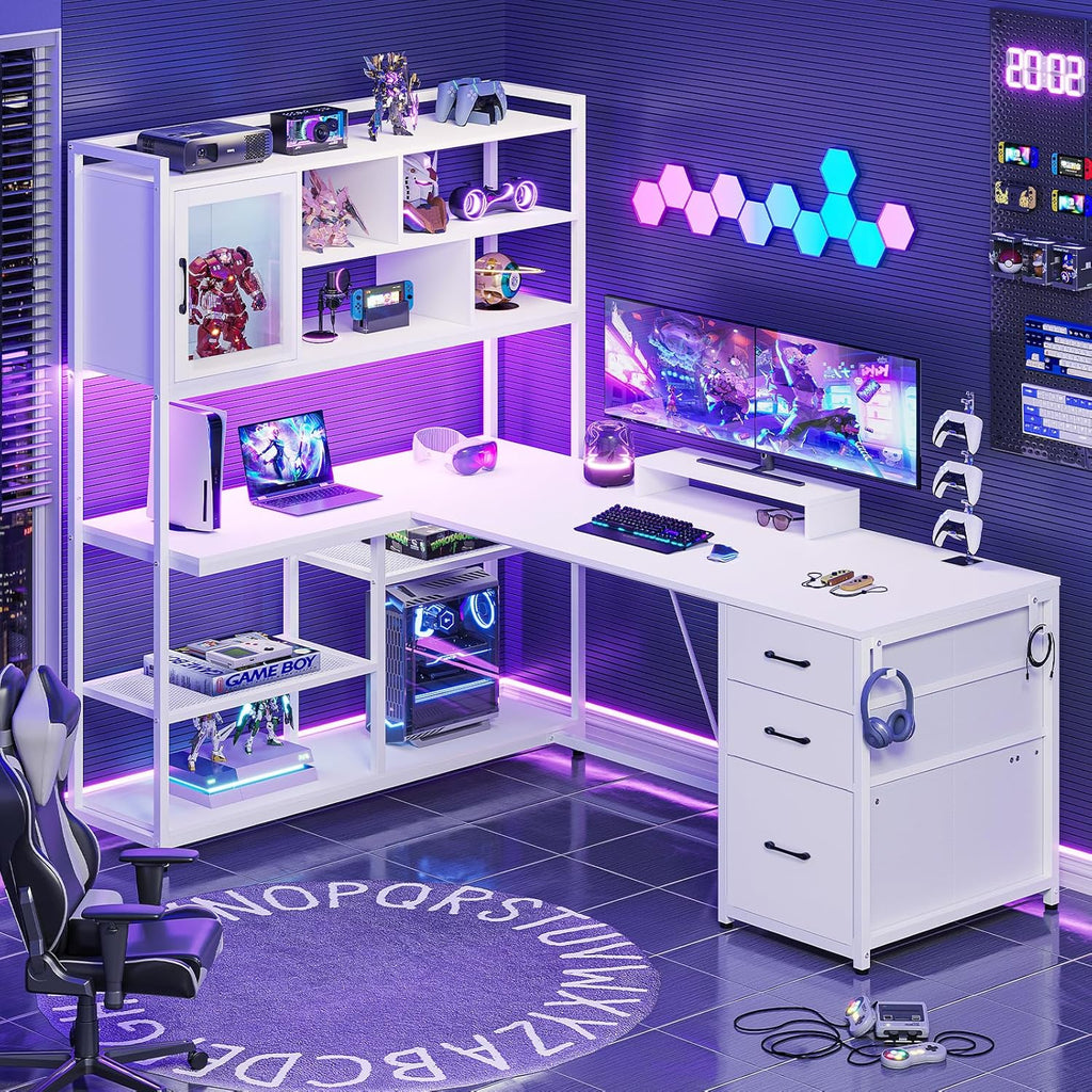 L Shaped Computer Desk, 58'' Office Desk with 3 Drawers and Bookshelf