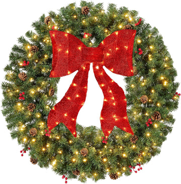 48in Pre-Lit Christmas Wreath w/Berries & Pinecones, Large Artificial Indoor/Outdoor Decor for Door, Mantel w/Red