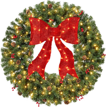 60in Pre-Lit Christmas Wreath w/Berries & Pinecones, Large Artificial Indoor/Outdoor Decor for Door, Mantel w/Red