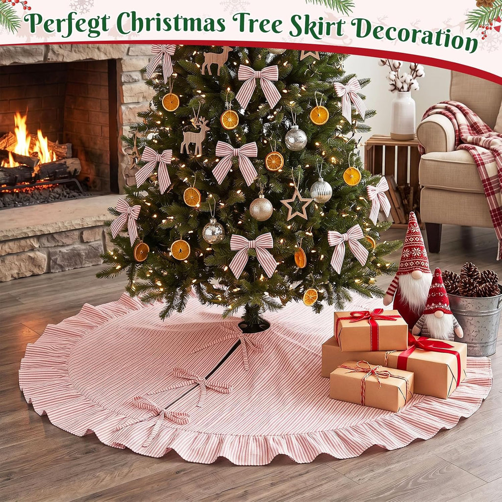 Christmas Tree Skirt Large, 72 Inch Red Pinstripe Ruffle