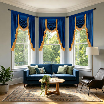 Velvet Valance Curtains, Soft Luxury Waterfall Valance with Gold Tassel Fringe Windows Royal Blue Victorian Style