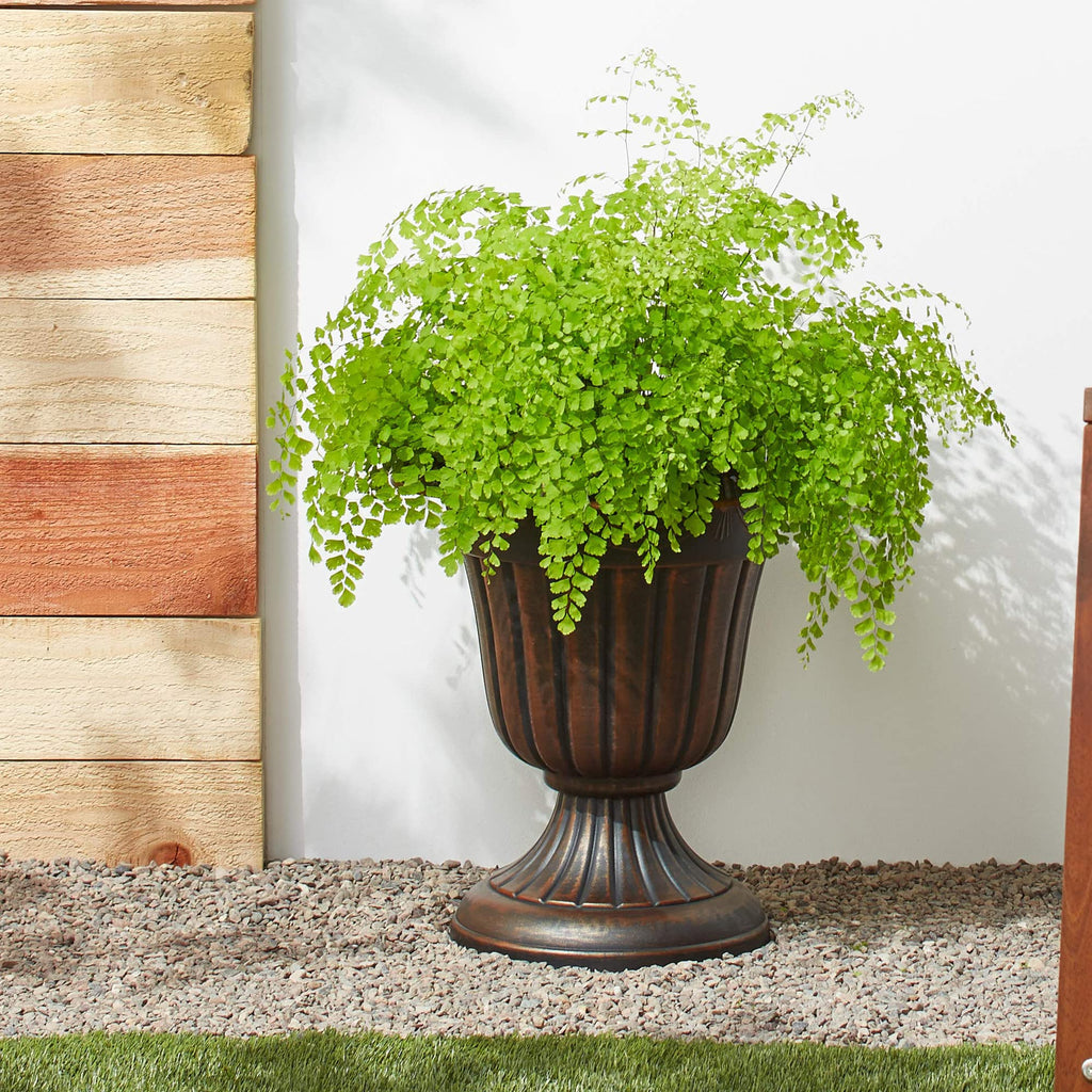 Large 16x18" Classic Traditional Plastic Urn Planter, Indoor/Outdoor Garden Plant Pot Garden Décor, Brushed Copper