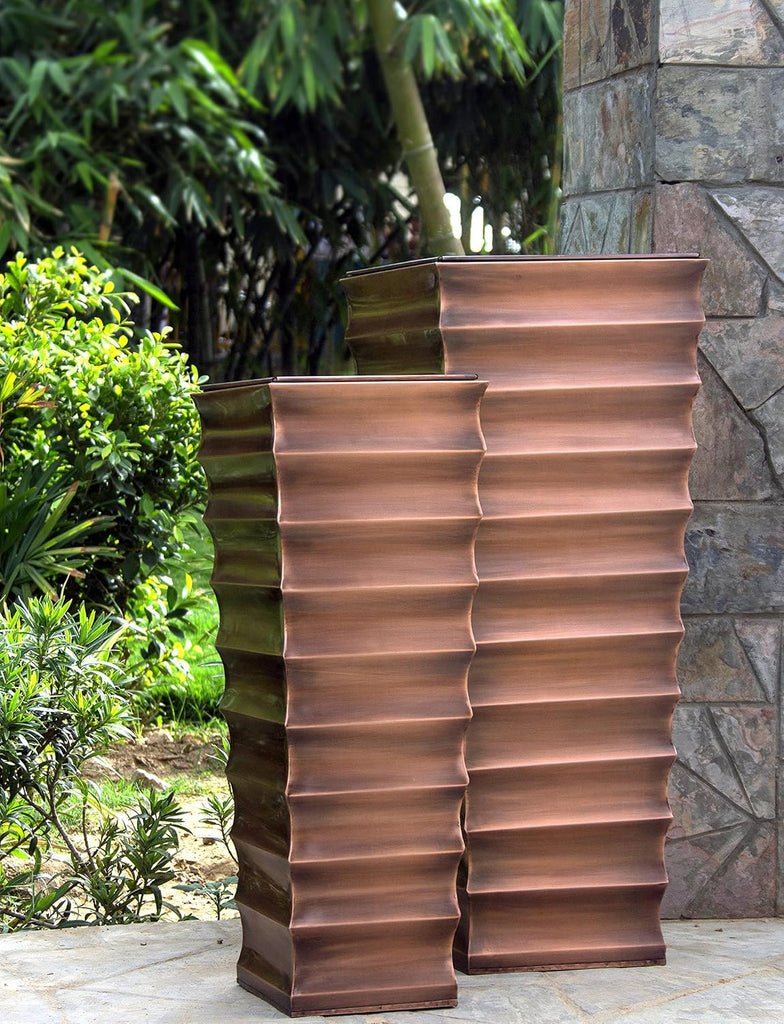 Planter - 36" Tall Antique Copper Finish - Drainage Hole | Outdoor Indoor Garden Pot, Metal Front Entryway Flower