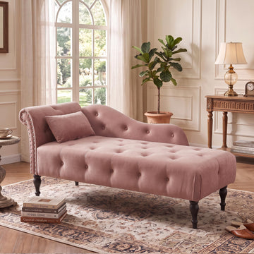 60.6" Buttons Tufted Chaise Lounge with Nailhead Trimmed Rolled Arm, Rose