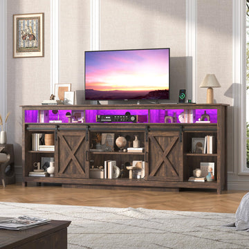 Farmhouse TV Stand for 90/85 Inch TV with Power Outlet, LED Entertainment Center with Storage and Sliding Barn Doors