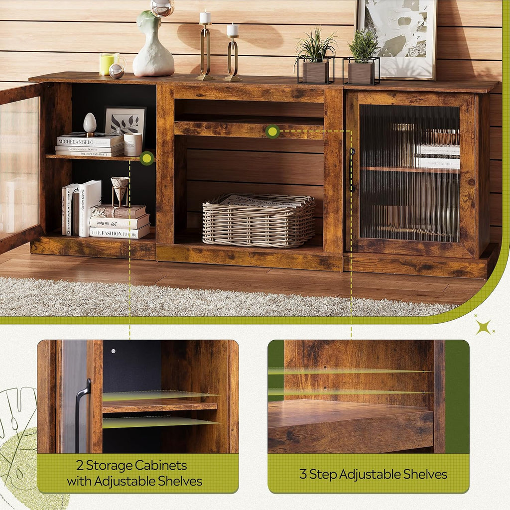 Farmhouse TV Stand for 75 inch TV, Entertainment Center with Storage Cabinets, Mid Century Modern TV Console for