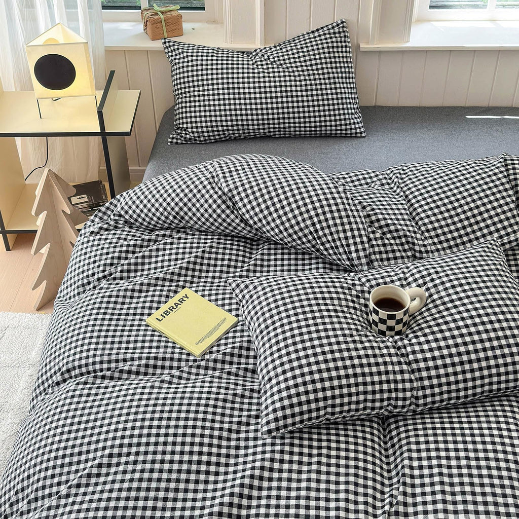 Black Gingham Comforter Full Size Boho Plaid Checkered Pattern Comforter Geometric Grid Plaid Printed Bedding