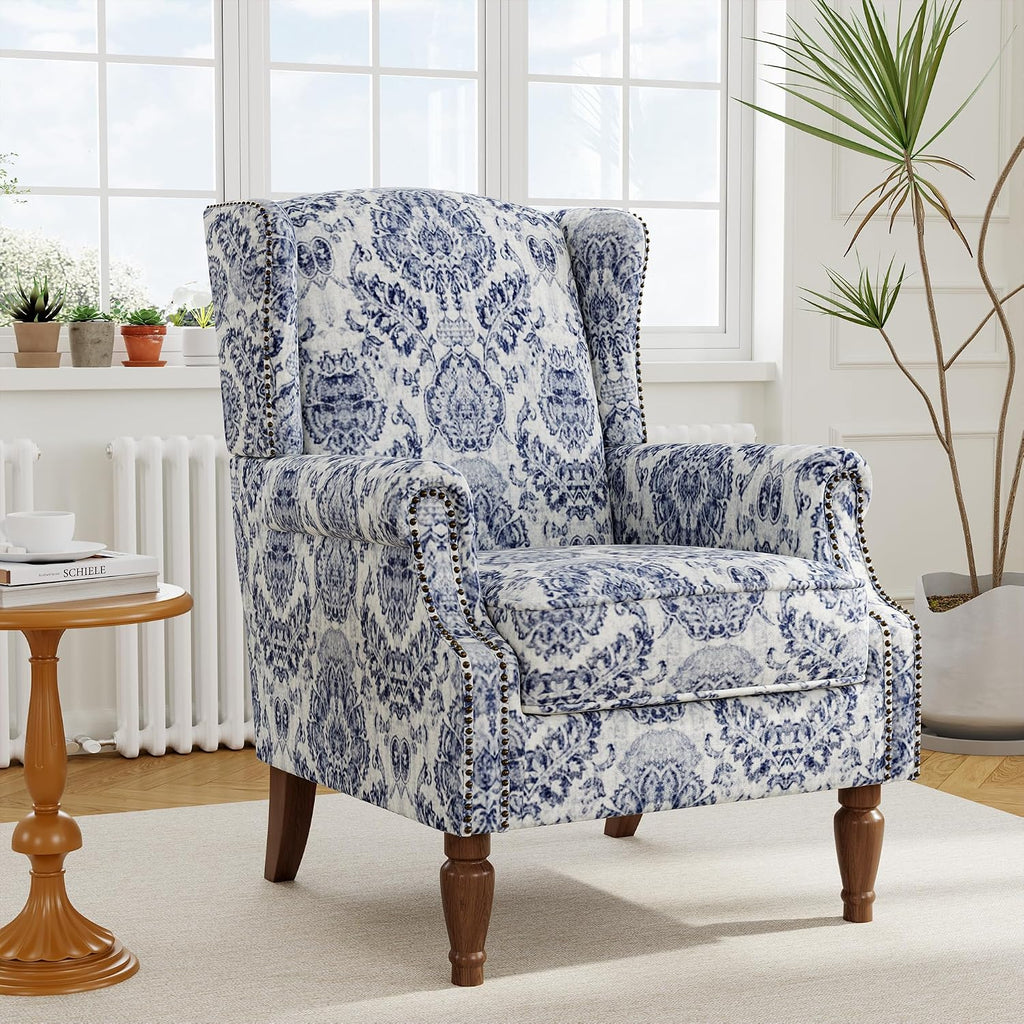 Wingback Accent Chair with Wood Legs, Navy Blue, Set of 1 | High Back with Side Wings | Armrest Nailhead Trim | Solid