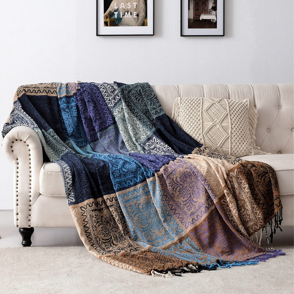 Boho Throw Blanket - Hippie Chenille Jacquard Bohemian Chair Couch Sofa and Bed Furniture Cover with Colorful Tribal