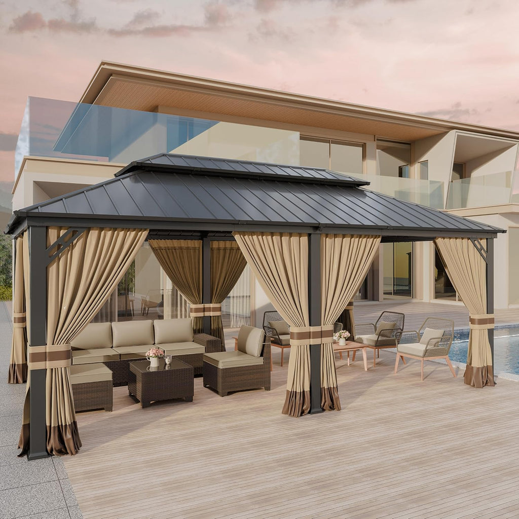 12' x 20' Hardtop Outdoor Metal Gazebo with Galvanized Steel Double Roof Canopy, Netting and Curtain