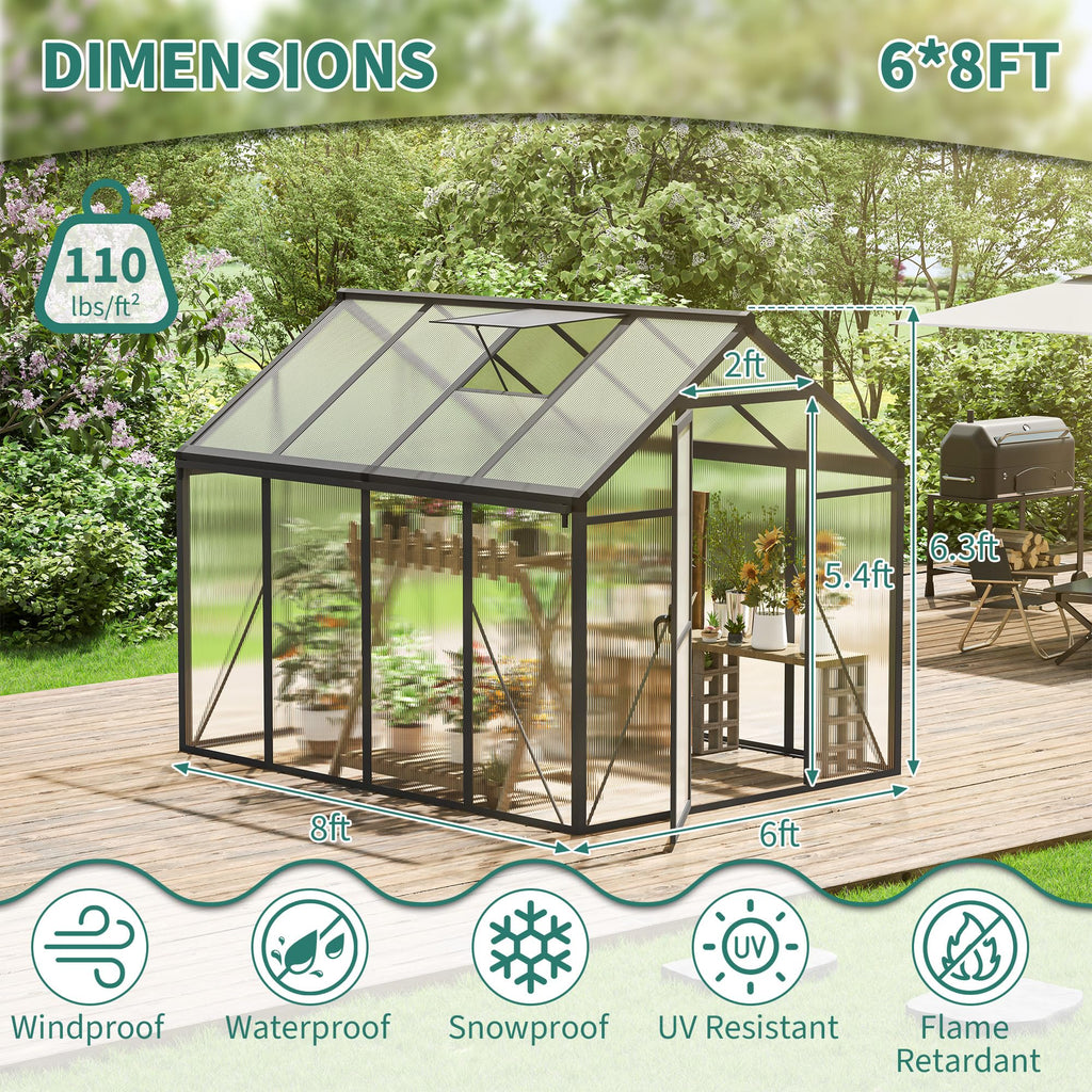 6x8ft Walk-in Greenhouse, Heavy Duty Large Outdoor Green House