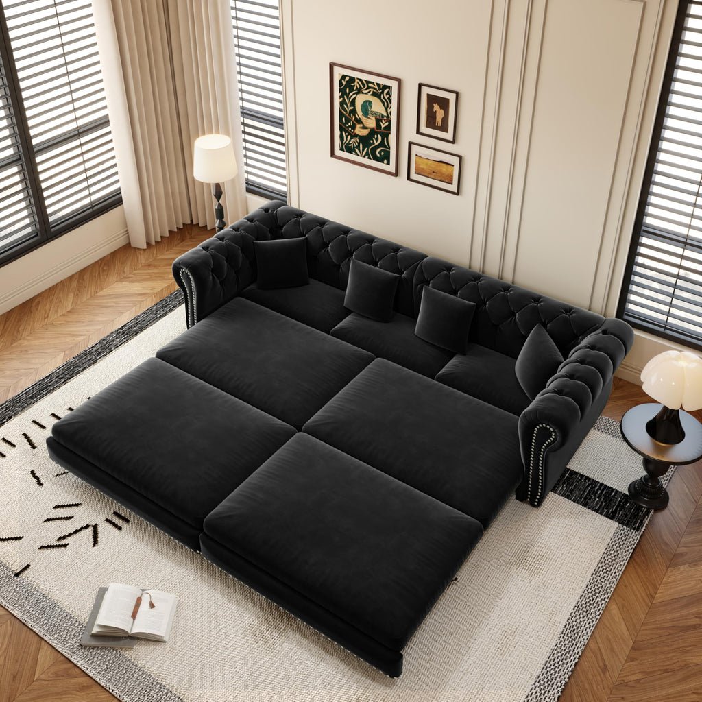 89" Velvet Pull-Out Chesterfield King Sleeper Sofa Bed with Ottoman, Black