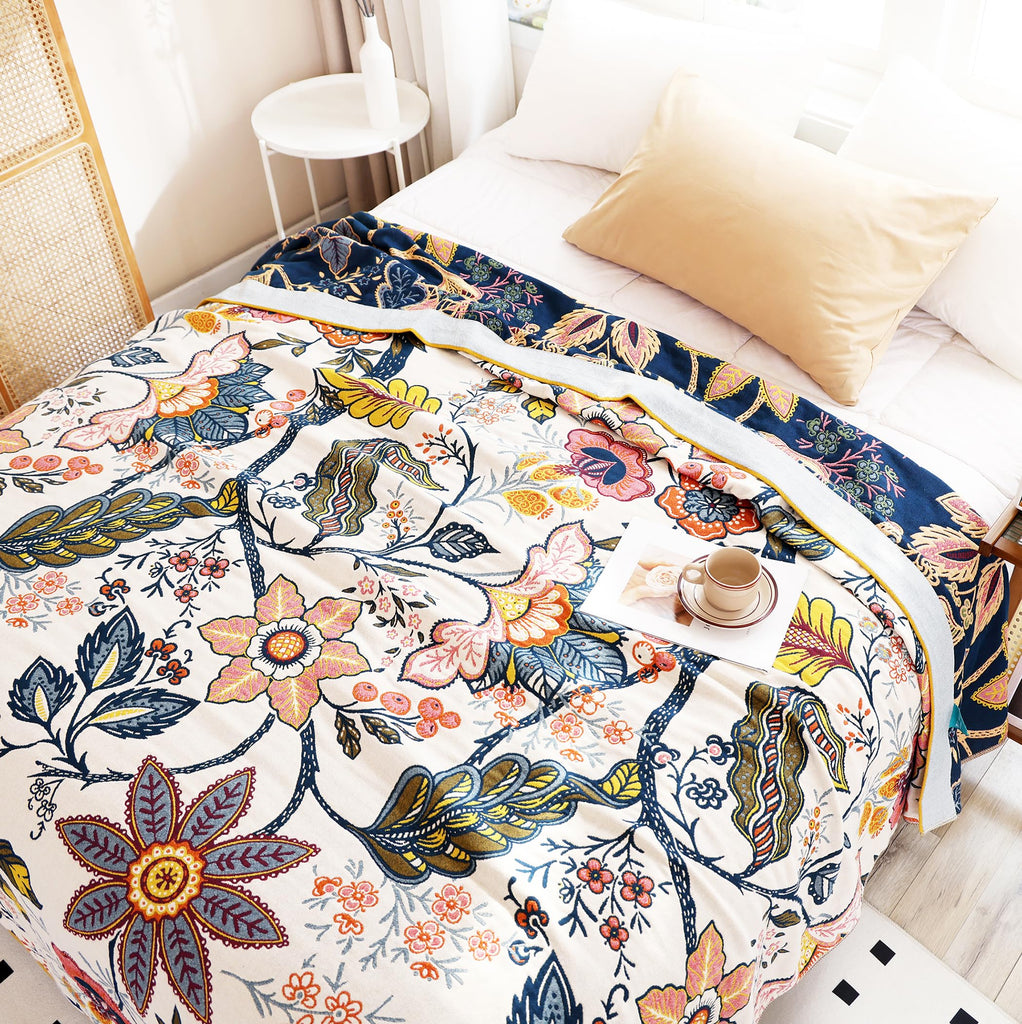 Boho Flower Blossom Farmhouse Retro Floral 100% Cotton Muslin Blanket Throw Cover for Bed Couch Sofa Cozy Soft