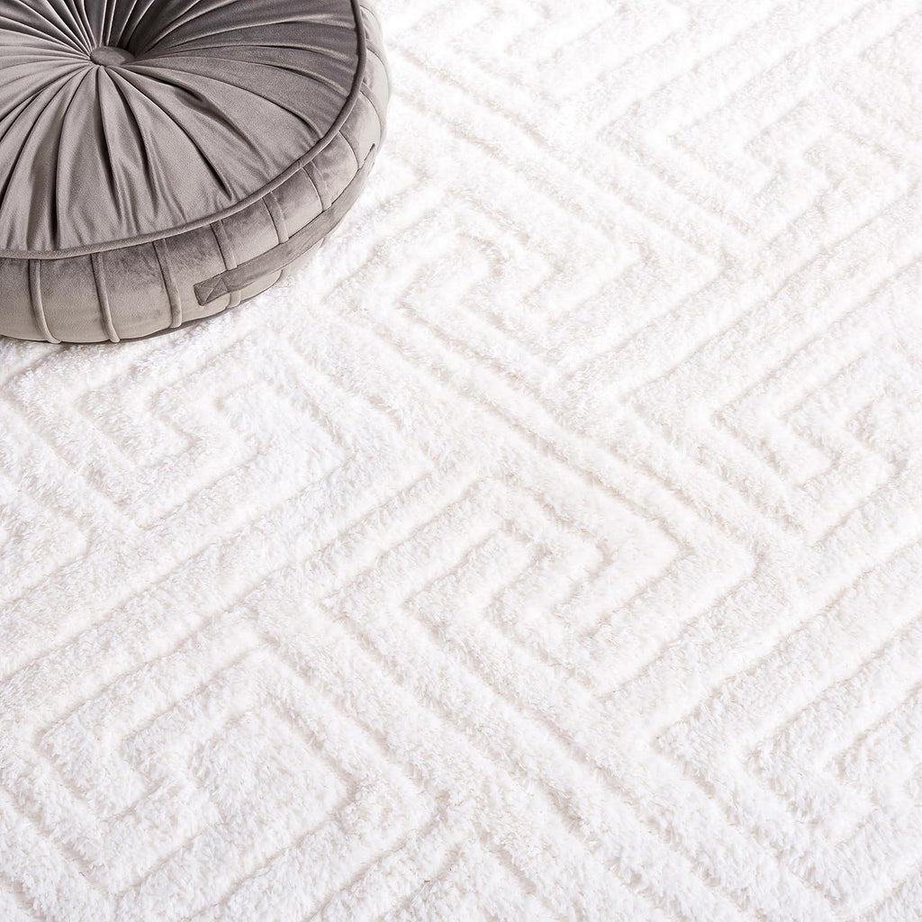 Tahoe Shag Collection Area Rug - 8' Square, White, Geometric Design, Plush 1.2 Inch Thick Ideal for High Traffic