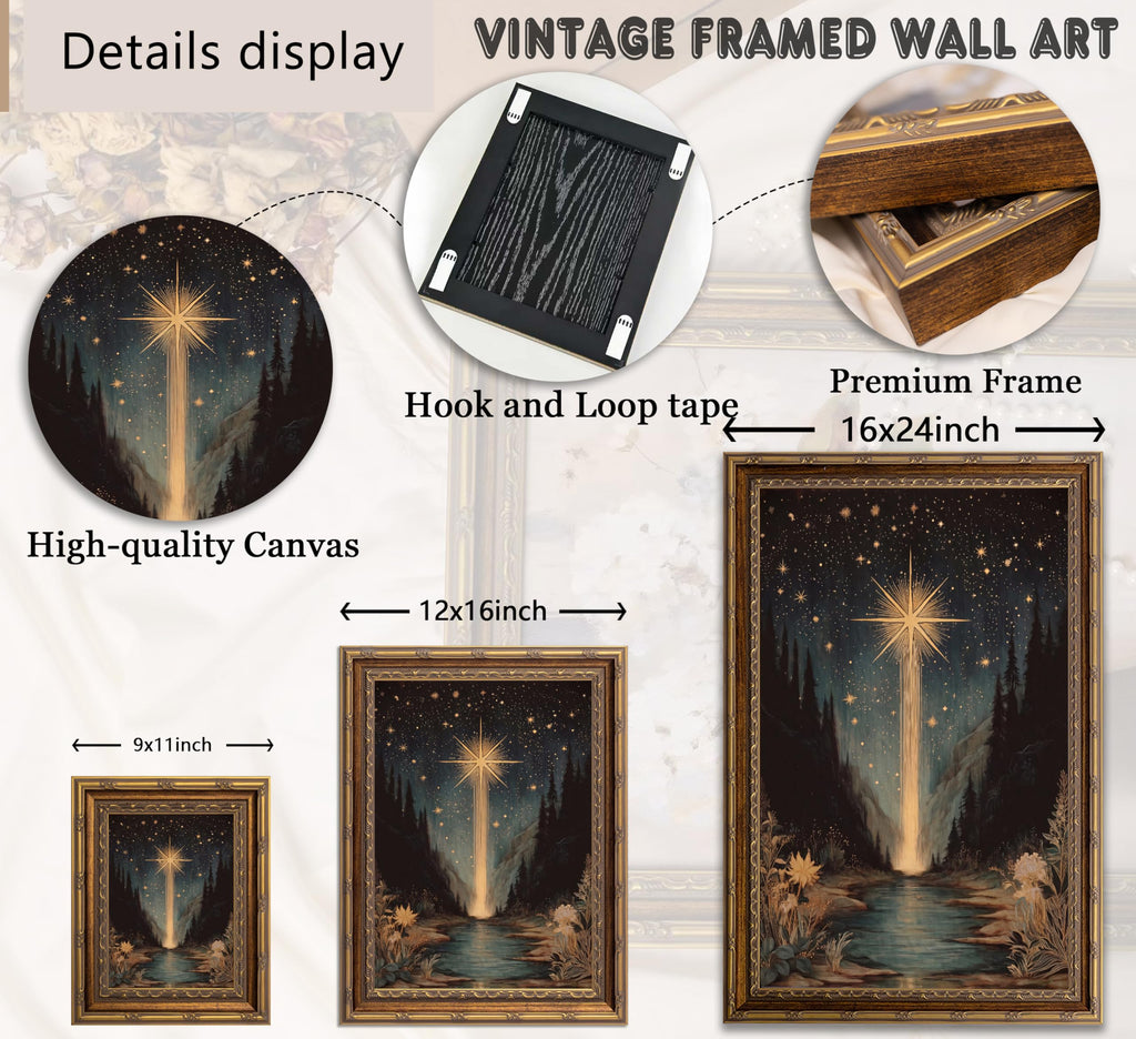 Vintage Gold Framed Celestial bodies Starlight Landscape Wall Art, Celestial Night Sky Canvas Print Poster, Magical