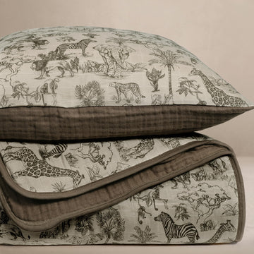 Vintage Safari Crib Bedding Set, 5-Layer Organic Cotton Muslin Crib Quilt & Sham, Jungle Elephant Giraffe Lion Zebra