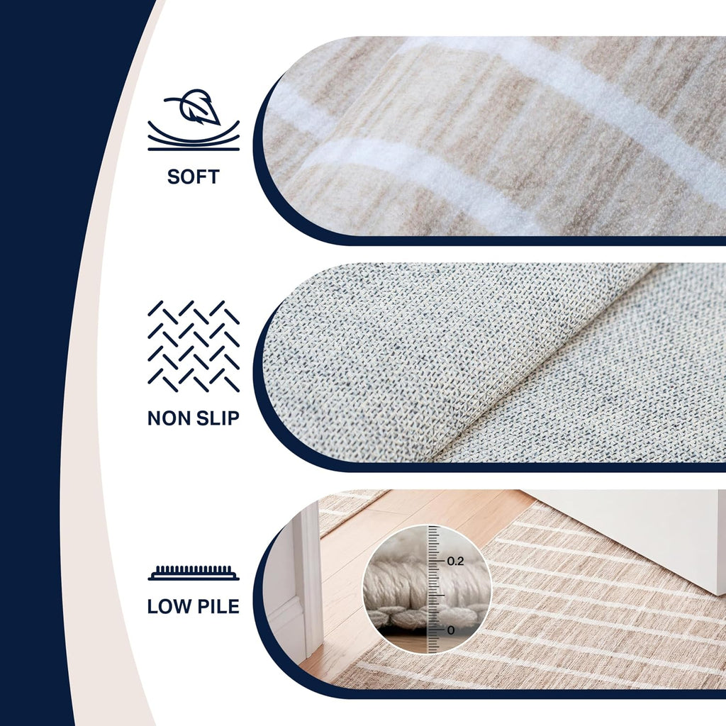 Washable Orton Distressed Ticking Stripe Machine-Washable Polyester Area Rug, Beige and Cream, Farmhouse