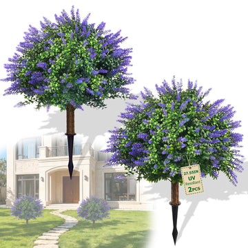 27.55'' Artificial Lavender Topiary Trees, 2 Sets Faux Boxwood Topiary with Spikes, Fake Shrubs Plants for Outdoor