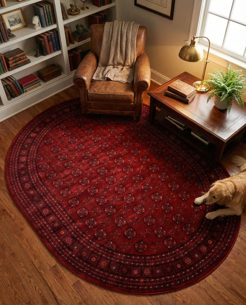 Bokhara Rug - 7' Oval Red Easy-Clean Area Rug Classic Medallion Design s and Dining Areas