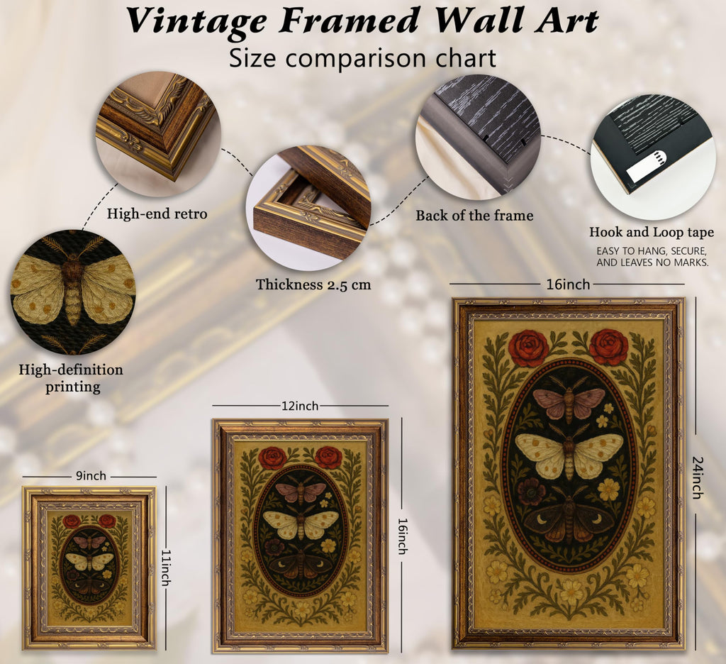 Vintage Gold Framed Butterfly Wall Art, Moody Moth Oil Painting Canvas Prints, Victorian Rose Gothic Picture Wall