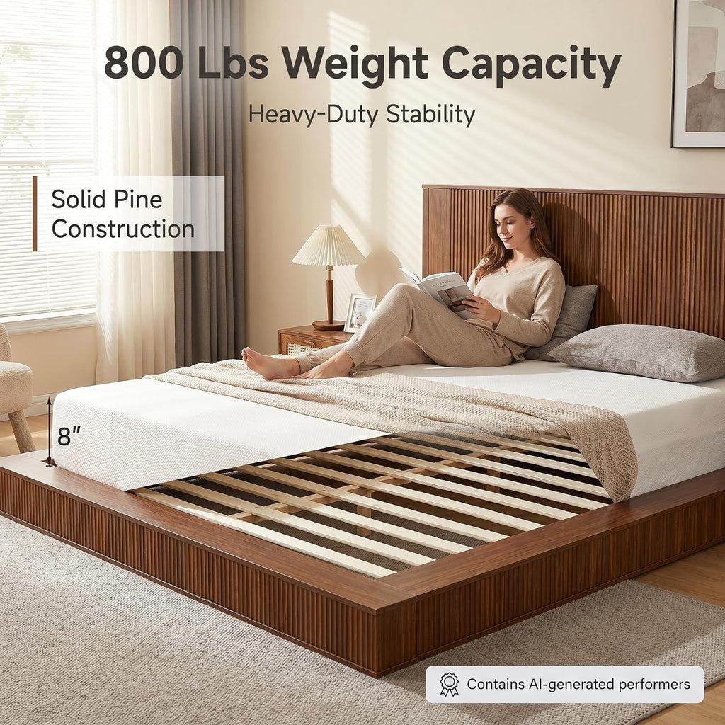 Japanese Wooden Floor Bed Frame King with Walnut Headboard