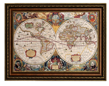 Old Vintage World Map Oil Painting Reproduction Giclee Wall Art Canvas Prints-Framed Size:39" x 28"