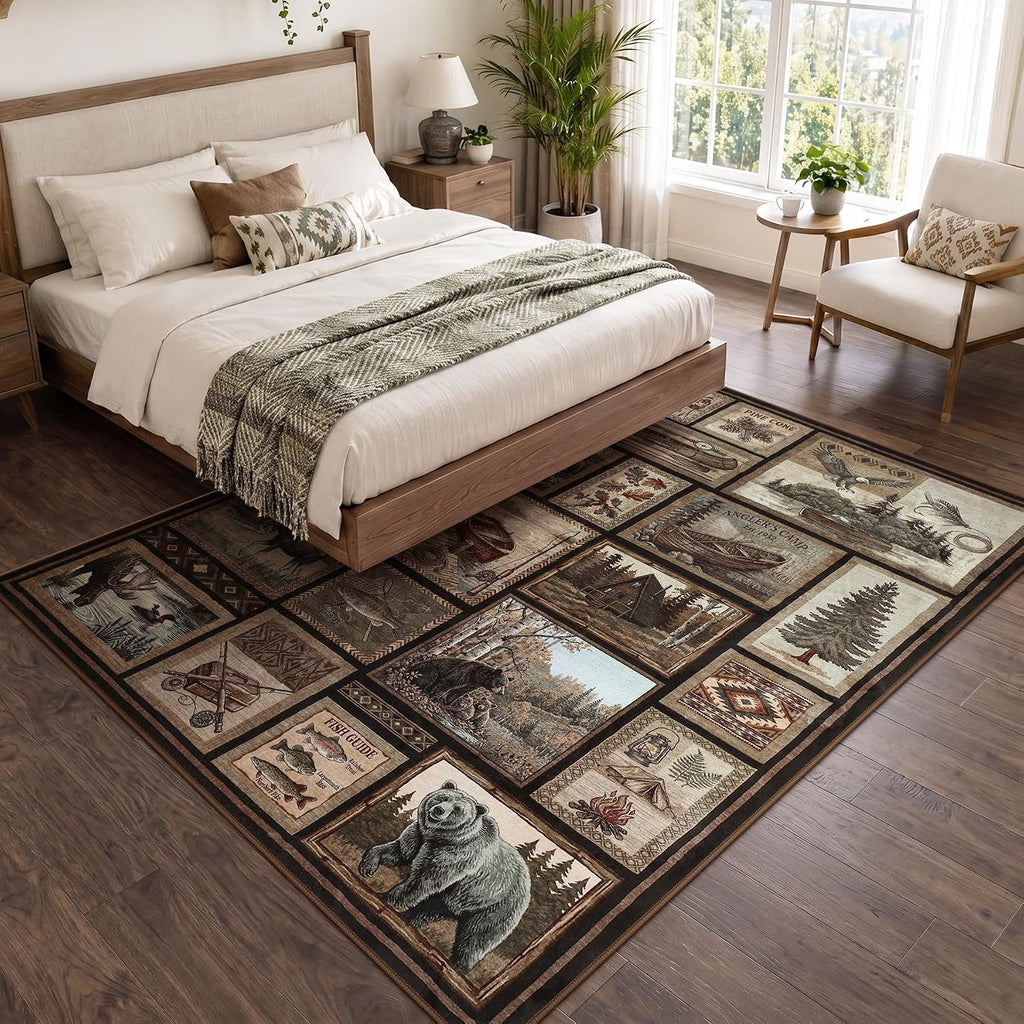 Washable Rustic Cabin 5x7 Area Rugs, Low Pile Soft Western Bear Rug, Non Slip Farmhouse Indoor Dining Room