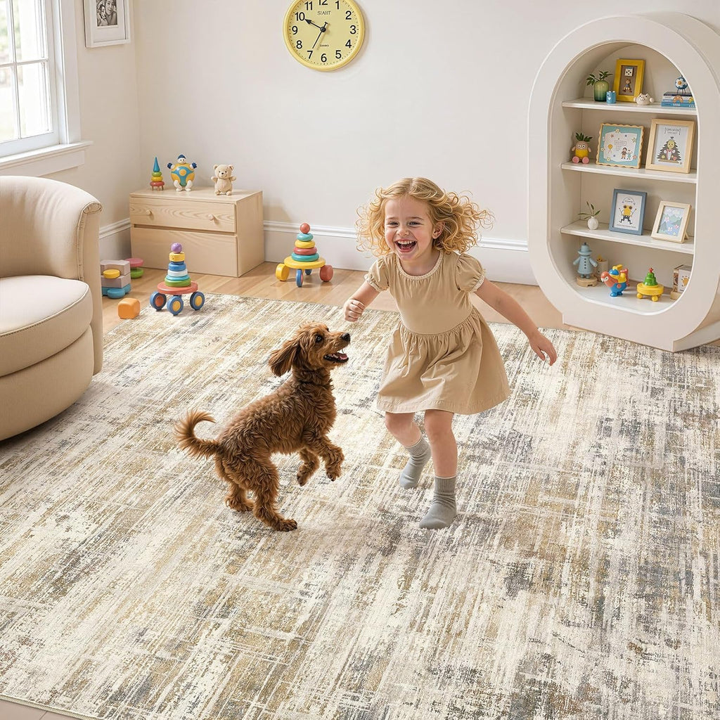 8x10 Washable Area Rug for Living Room: Modern Neutral Abstract Large Soft Low Pile Carpet Non-Slip Pet Kids Friendly