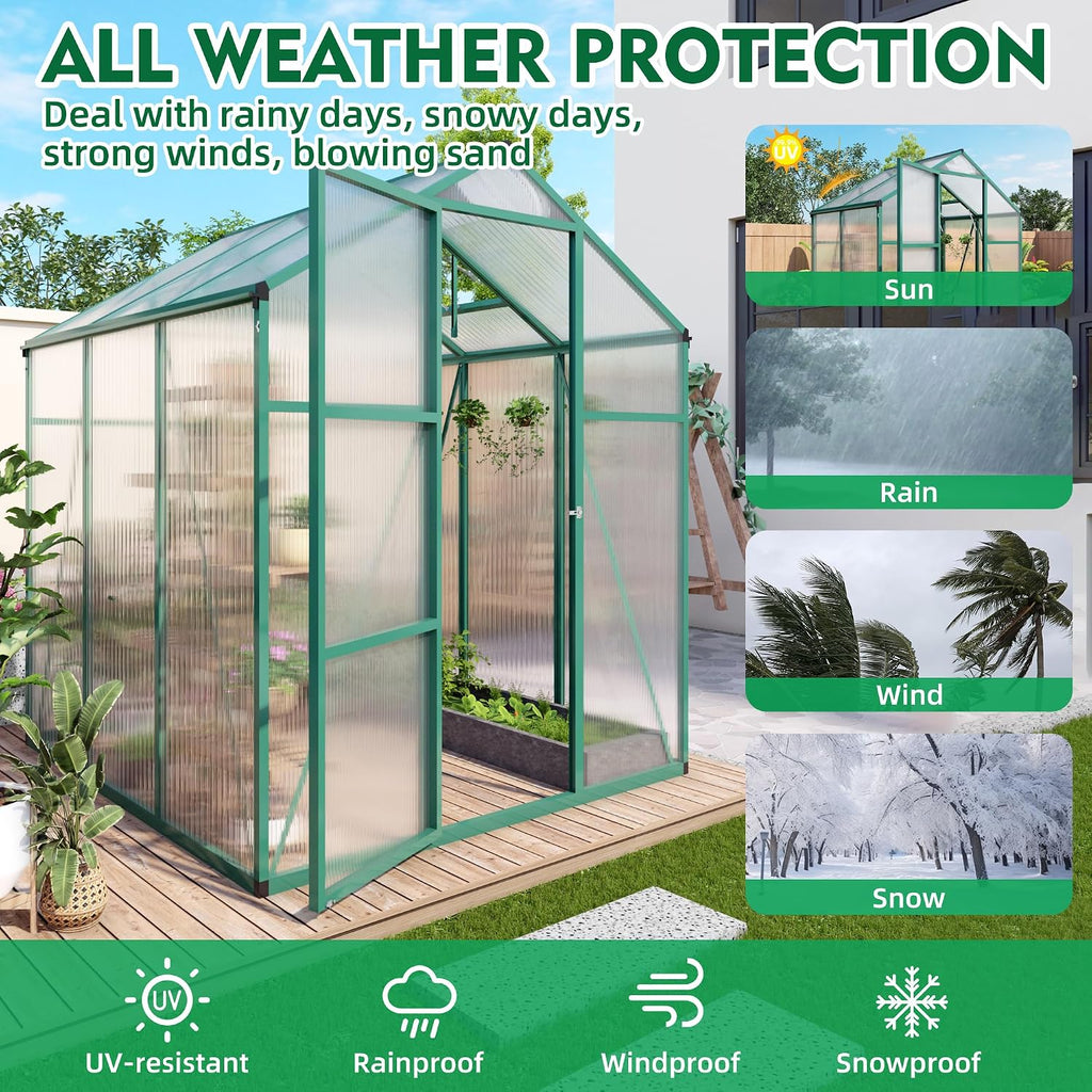 6x10FT Walk-in Polycarbonate Greenhouse Kit, Heavy Duty Aluminum Alloy Frame Green House with Ventilation & Drainage