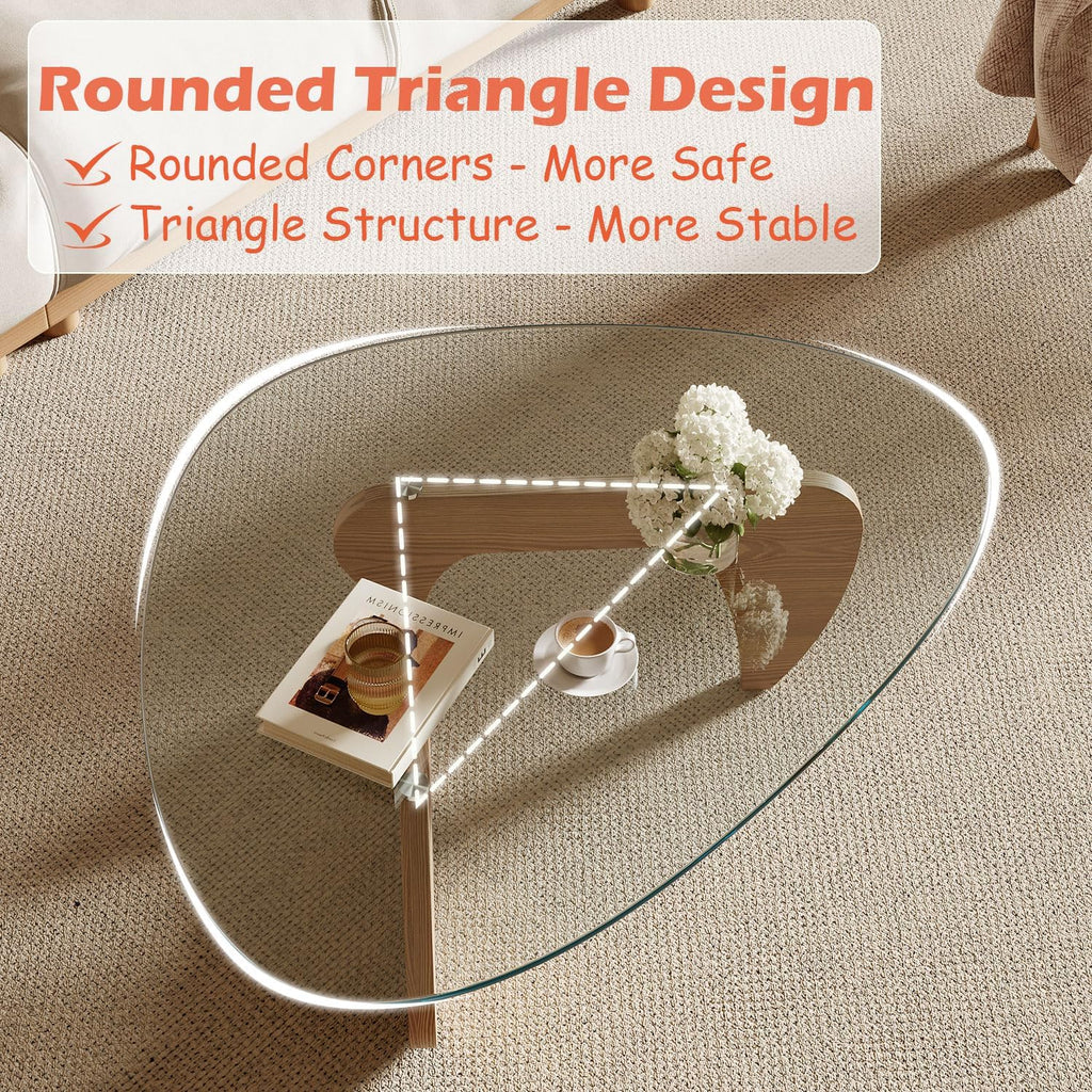 Modern Coffee Table and Small Spaces, 43.3" x 29.5" x 15.8" Triangle Tempered Glass Table Top and Eco-Friendly Solid
