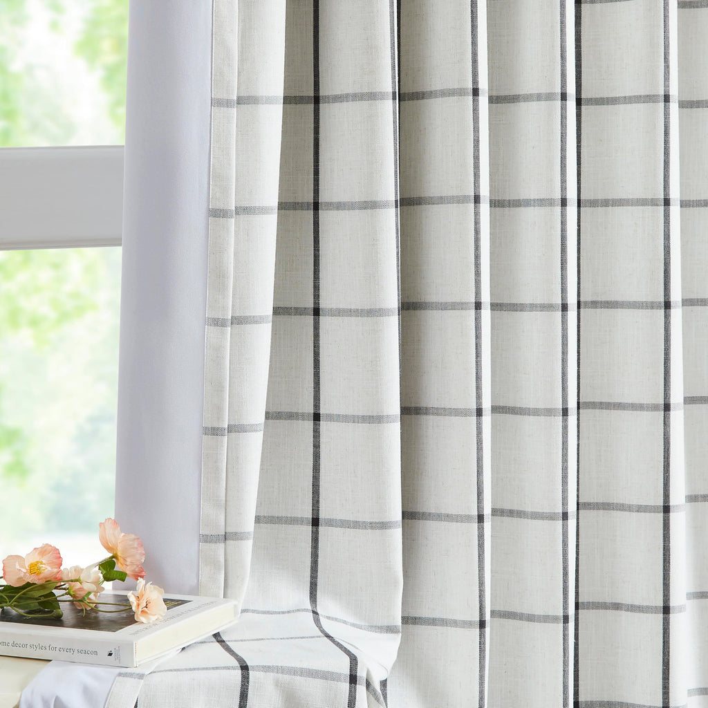 Black Plaid Linen Pinch Pleated Full Blackout Curtains 40x120x2