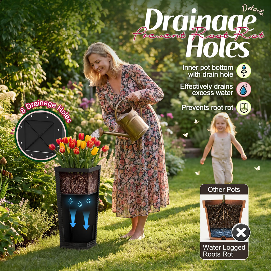 24" Tall Plastic Planters with Drainage Holes Front Porch Set of 2