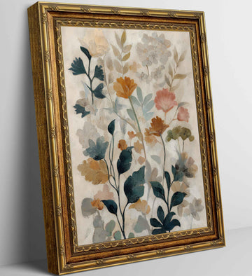 Gold Framed Beige Floral Canvas Wall Art Vintage Country Botanical Earth Tone Flower painting Decor Pictures Boho
