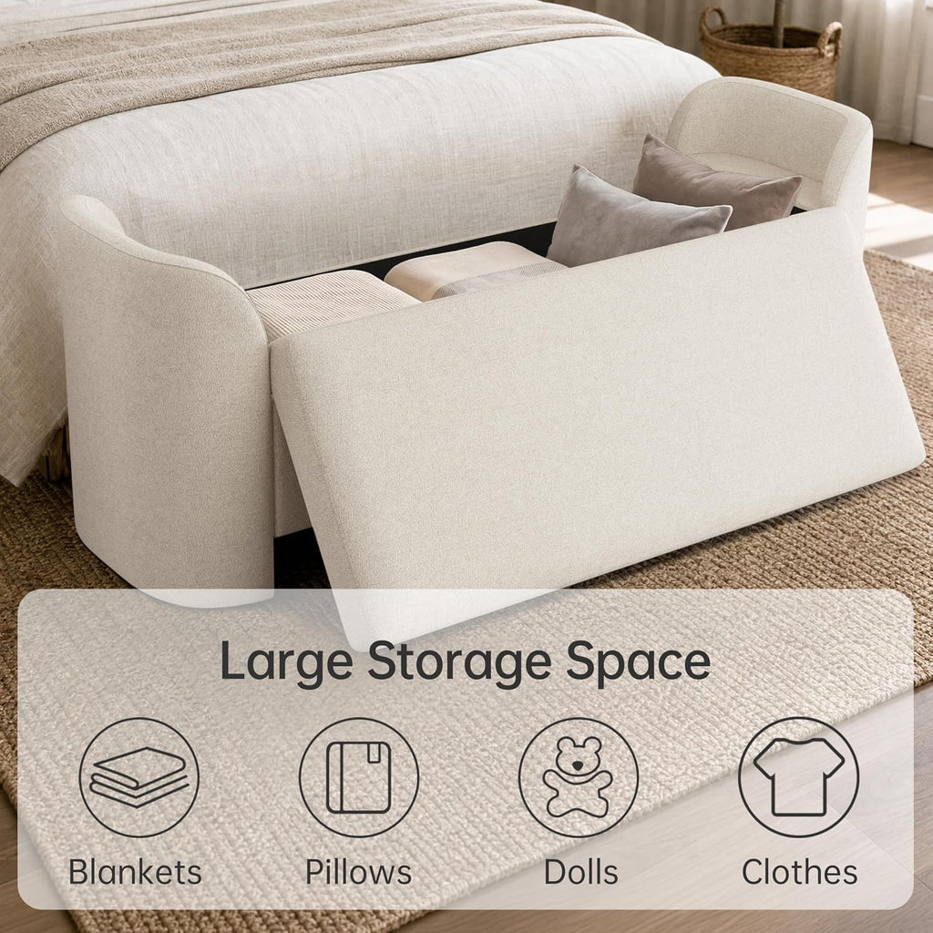 58.3" Upholstered Storage Ottoman Bench with 2 Throw Pillows, Beige | End of Bed Bench with Curved Arms and Thickened