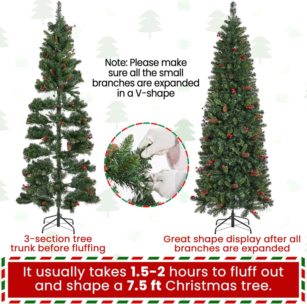 7.5ft Pre-lit Pencil Spruce Christmas Tree, Artificial Slim Xmas Fir, Pre-Decorated , Party, Holiday Decor W/ 948