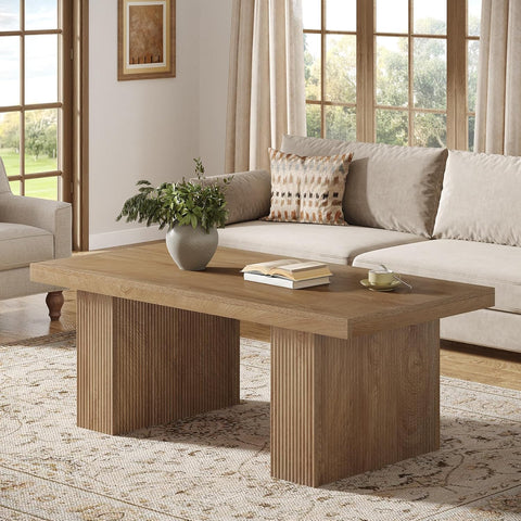 Farmhouse Coffee Table, 47.24 Inch Rectangle Center Table with Large Tabletop & Thick Base, Rustic Wooden Furniture
